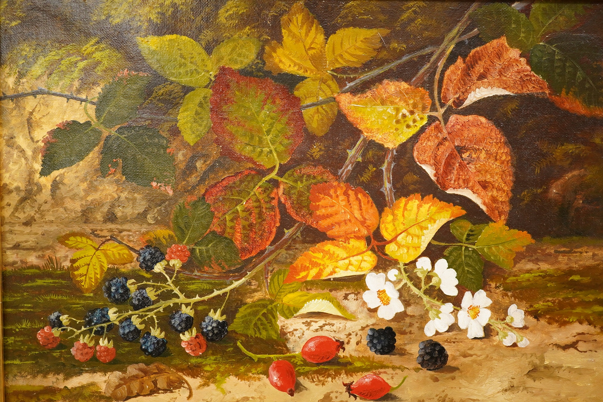 George Crisp (1875-1916) still life with brambles, oil on canvas, 25x35cm. Condition - good